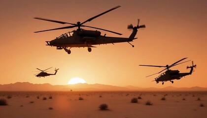 Wall Mural - A pair of attack helicopters flying in formation over a desert battlefield at dusk, their silhouettes stark against the orange sky as they prepare for a coordinated strike.
