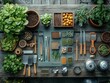 © Analogue - Gardening Tools and Seed Packets on Rustic Table - Top-Down View of Agricultural Equipment and Seeds for Planting