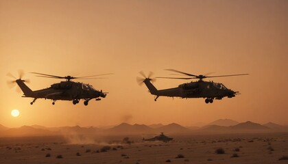 Wall Mural - A pair of attack helicopters flying in formation over a desert battlefield at dusk, their silhouettes stark against the orange sky as they prepare for a coordinated strike.
