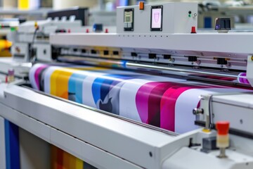 A close up sophisticated industrial machine designed for printing mockup white labels, showcasing a colorful print roll