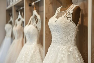 Wall Mural - Beautiful elegant luxury bridal dress. White wedding dresses hanging on mannequins in bridal shop