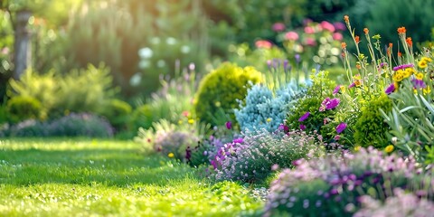 Wall Mural - Vibrant Flower Bed in a Lush Garden with Sunlight