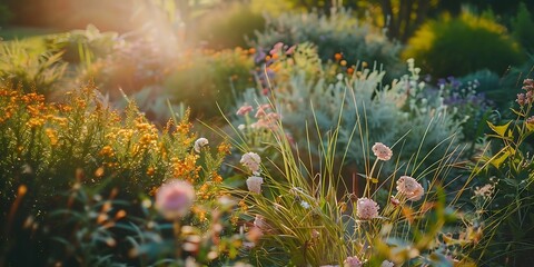 Wall Mural - Golden Hour in the Garden: A Photo of Lush Greenery and Delicate Blooms