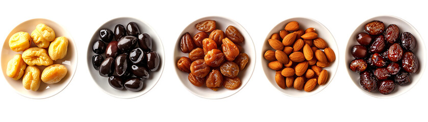 Photo of Five Bowls of Snacks,  Black Olives, Dates, Almonds, Dried Apricots, and Dried Longan