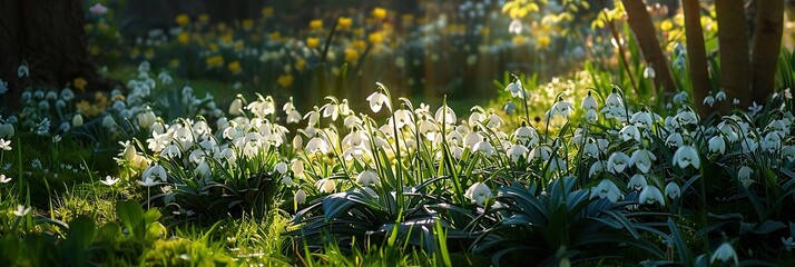 Canvas Print - Beautiful White Snowdrop Flowers in a Lush Garden Background Photo