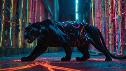 Wall Mural - Panther amidst vibrant, chaotic neon pattern