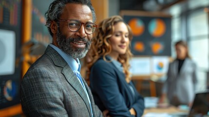 A smiling professional man and woman stand confidently in an office setting, with business charts in the background, symbolizing a successful and collaborative work environment.