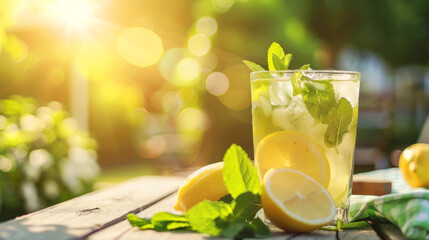 Refreshing Lemonade with Mint Leaves on a Sunny Day Outdoors in a Garden Setting