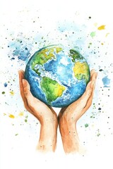 Watercolor Hands Cradling Planet Earth Illustration. World Diabetes Day