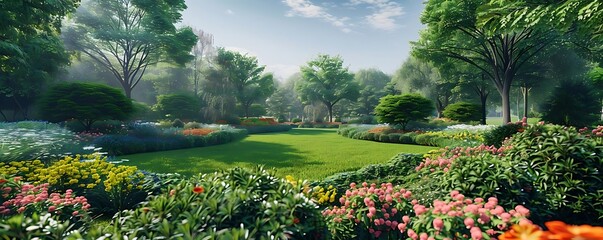 Wall Mural - 3D Illustration of a Lush Green Garden with Flowers and Trees