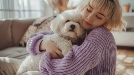 A close up of a beautiful girl hugging her cute maltipoo dog