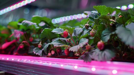 Poster - Strawberry plants grow healthily in a controlled indoor environment with colorful LED lighting enhancing growth.