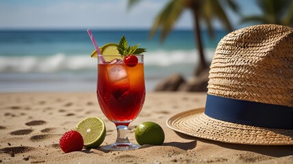 Wall Mural - A straw hat with an exotic cocktail and sunglasses on a sandy beach. Concept of summer holidays.