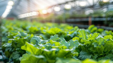 Poster - Rows of vibrant lettuce flourish under the warm glow of sunlight in a spacious greenhouse.