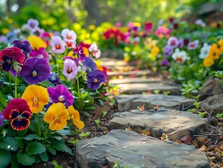 Wall Mural - Colorful Pansy Flowers Blooming on a Stone Path in a Garden - Photo