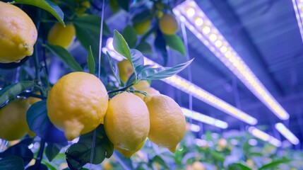 Poster - Bright yellow lemons hanging from lush green branches in a hydroponic farm illuminated by LED lights.