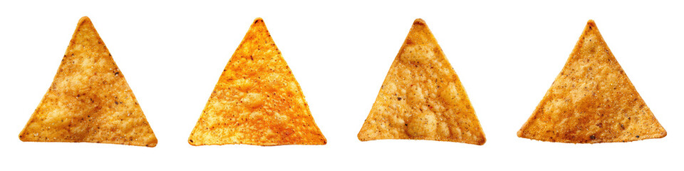 Collection of single triangle shape nacho chip isolated on white or transparent background
