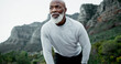 © peopleimages.com - Hiking, senior and man tired on mountain for trekking adventure, journey and workout for health fitness. Elderly person, thinking and break for breathing fresh air, exercise and nature environment