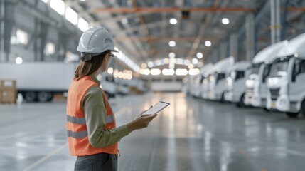 A female worker in a hard hat and safety vest inspects a row of trucks in a warehouse.