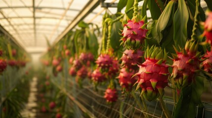 Poster - Rows of vibrant dragon fruit plants with blooming pink flowers flourish in a warm greenhouse under bright sunlight.