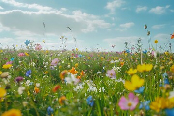 Wall Mural - Vibrant Wildflower Meadow Photo with Blue Sky and Clouds