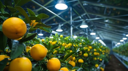 Poster - Vibrant orange trees laden with ripe fruit thrive inside a spacious greenhouse illuminated by overhead lights.
