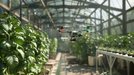 Poster - A drone hovers above lush green plants in a greenhouse, capturing data and monitoring growth conditions.