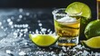 © JR-50 - A shot of tequila with lime wedges and salt on a black surface.