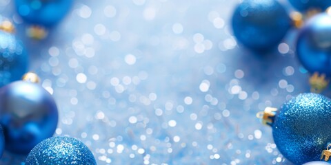 Wall Mural - blue christmas ornaments scattered on a glittery blue background with bokeh lights