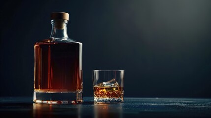 Wall Mural - Dark background with well presented whiskey glass and bottle