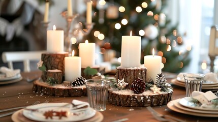 Christmas table decor made of wood with festive elements like candles