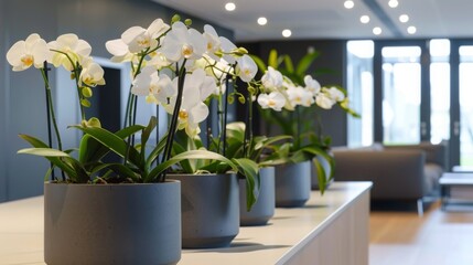 Poster - A row of vibrant white orchids in sleek pots enhances the ambiance of a contemporary indoor setting filled with natural light.