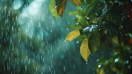 Wall Mural - Rain-Soaked Leaves in a Lush Garden