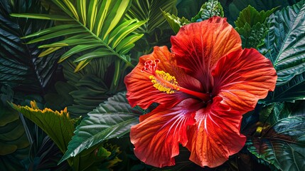 A tropical hibiscus flower with vibrant red petals and a prominent yellow stamen, surrounded by lush green foliage, capturing the exotic beauty and vibrant colors of a tropical paradise