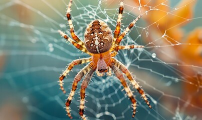 Close-up of a spider in its intricate web