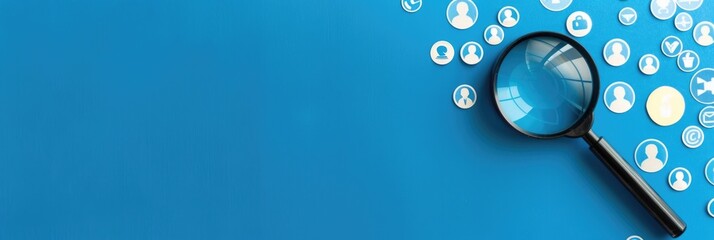 magnifying glass and social media icons on a blue background