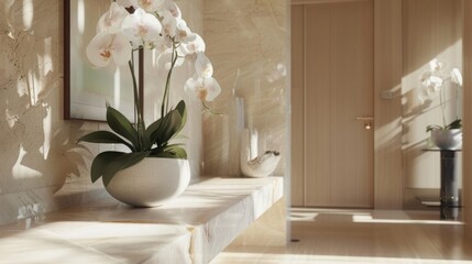Poster - A stylish hallway features a white orchid plant in a contemporary pot, illuminated by natural sunlight.