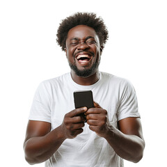 Wall Mural - A man with a beard is holding a cell phone and smiling. He is happy and enjoying himself