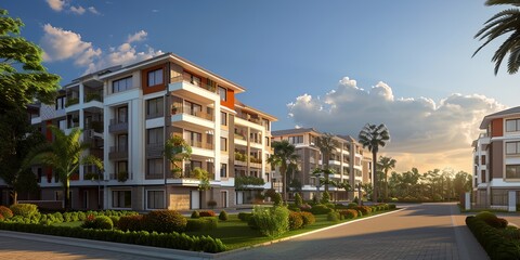 Canvas Print - A large apartment complex with a green lawn and palm trees in the background. The sky is cloudy and the sun is setting