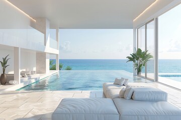 Sea view empty large living room of luxury summer beach house with swimming pool near terrace. Big white wall background in vacation home or holiday villa. 3D, Generative AI