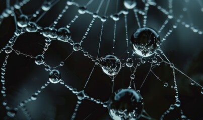 Detailed macro shot of dewdrops on spiderweb, revealing nature's delicate complexity
