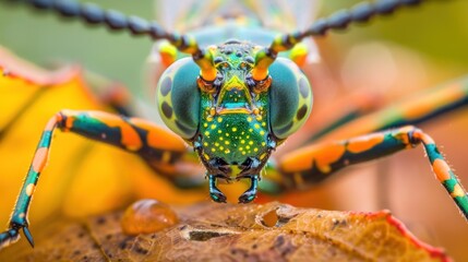 A close up of a colorful insect with a blue and green eye