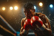 © TRAVELARIUM - Intense close up of focused boxer throwing powerful punch with water droplets and bright lights highlighting action, sweaty boxer channels all his strength and determination into forceful blow