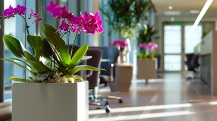 Poster - Brightly lit office interior featuring elegant orchids in planters, adding a touch of color to the workspace.