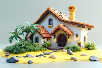 Canvas Print - Cartoon Cottage on a Sandy Beach