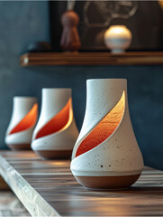 Wall Mural - Modern ceramic vases with glowing interior on a wooden shelf