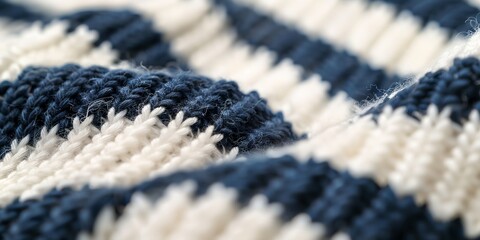 Wall Mural - A close up of a blue and white striped sweater. The sweater is knitted and has a fuzzy texture