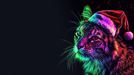  Neon-colored illustration of a tiger wearing a Santa hat on a dark background. Festive holiday-themed digital art with vibrant colors.