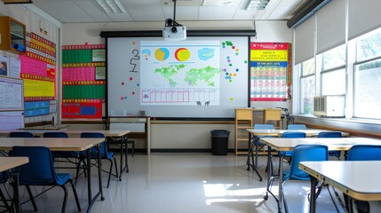 Poster - Empty Classroom with Projector Screen.