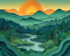 Wall Mural - Fen - sunset, mountains, forest, river, landscape, nature, trees, sky, sunrise, hills, scenic, morning, dusk, dawn, wilderness, valley